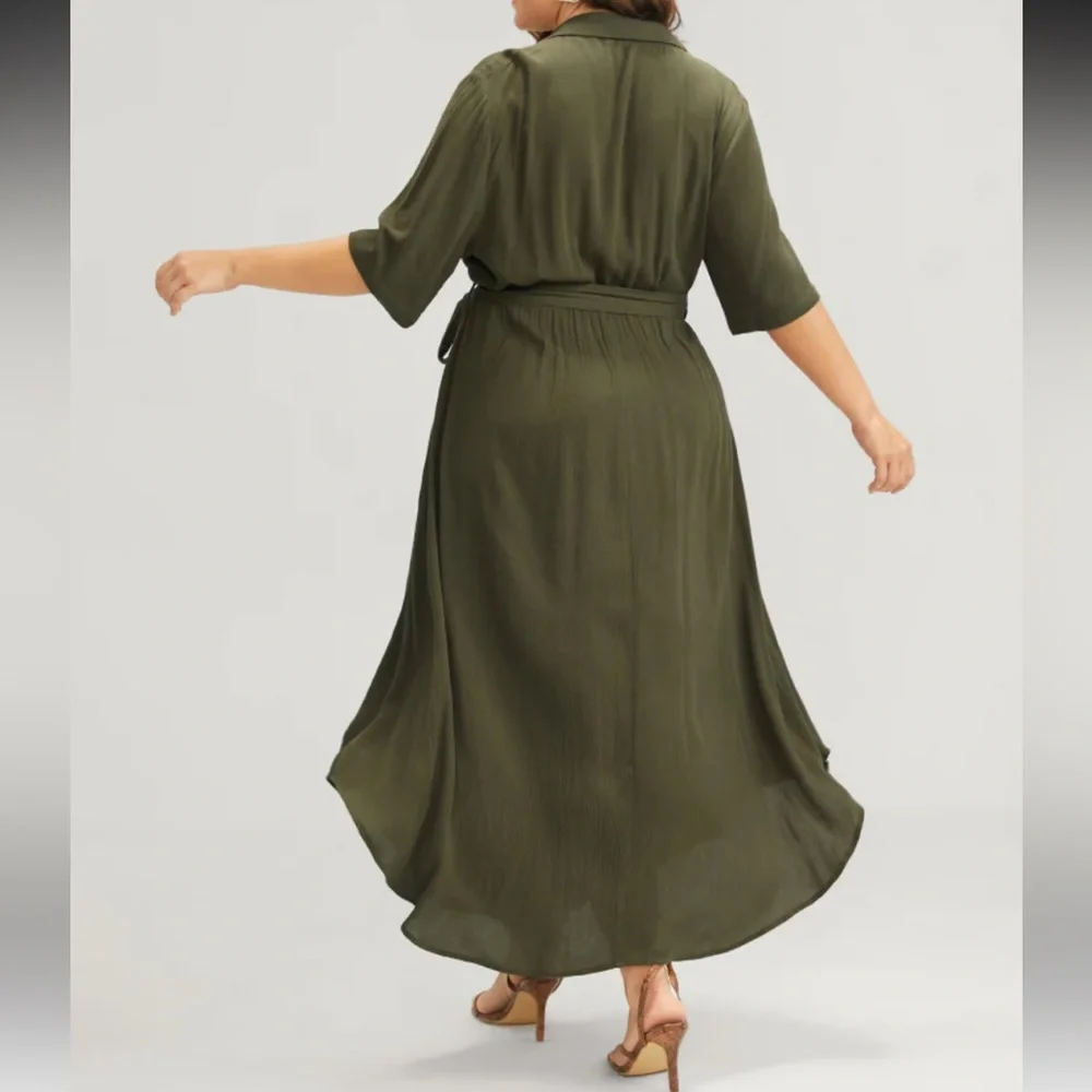 Solid Button Pocket Shirt Collar Belted Maxi Dress - Picture 2 of 4
